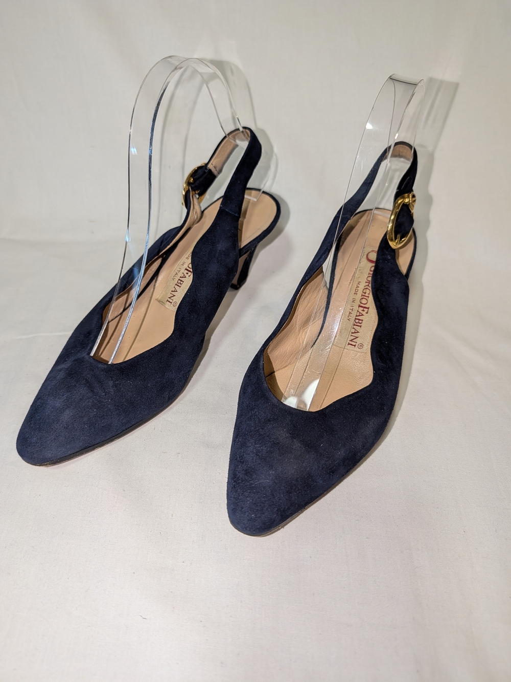 Giorgio Fabiani Vintage Navy Suede Slingback Pumps with Gold Buckle